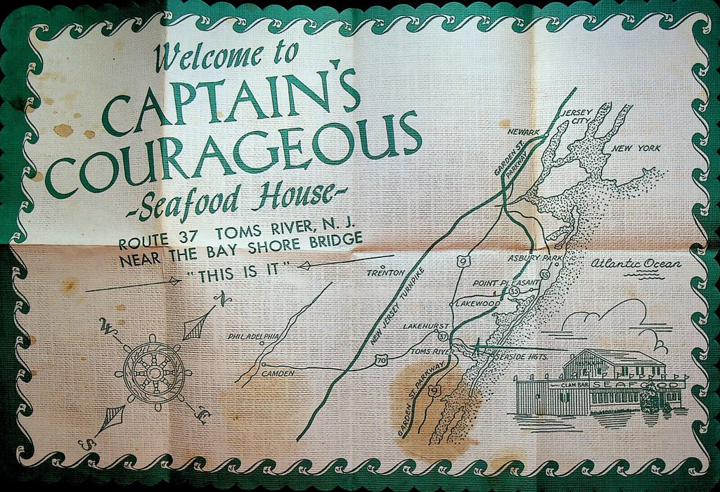 Captain's Courageous Seafood House Paper Placemat Toms River NJ 1960s