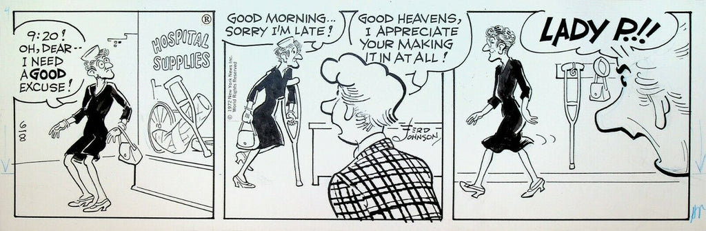 Moon Mullins Original Comic Strip Art Ferd Johnson June 8 1972 Crutch
