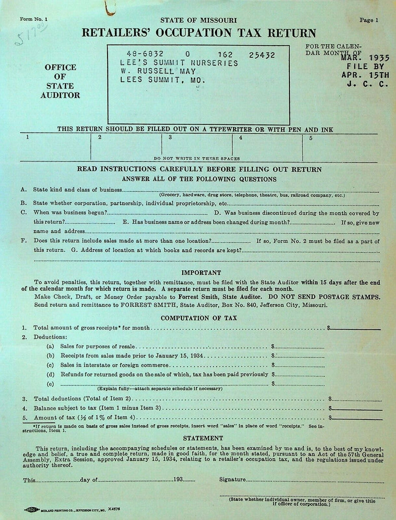 State of Missouri Retailers Occupation Tax Return 1935 Lee's Summit Nurseries