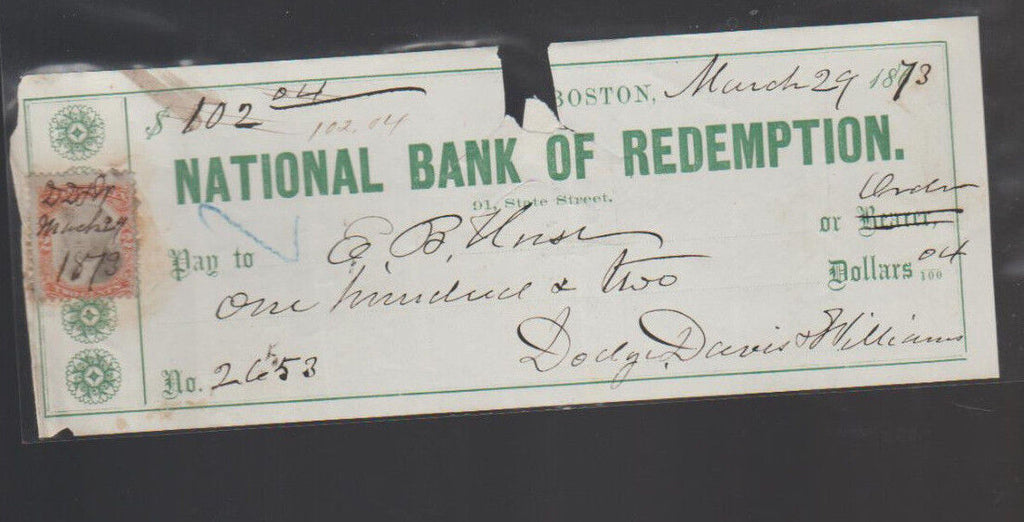 National Bank of Redemption Boston Mass Used Check 1873 w Revenue Stamp