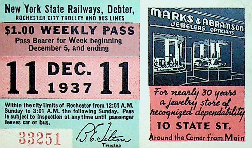 Rochester City Trolley & Bus Lines Pass December 11 1937 Marks & Abramson