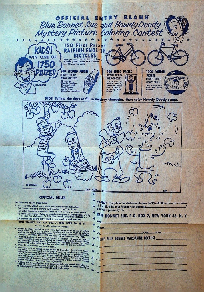 Howdy Doody & Blue Bonnet Sue Mystery Picture Coloring Contest Sheet 1950s