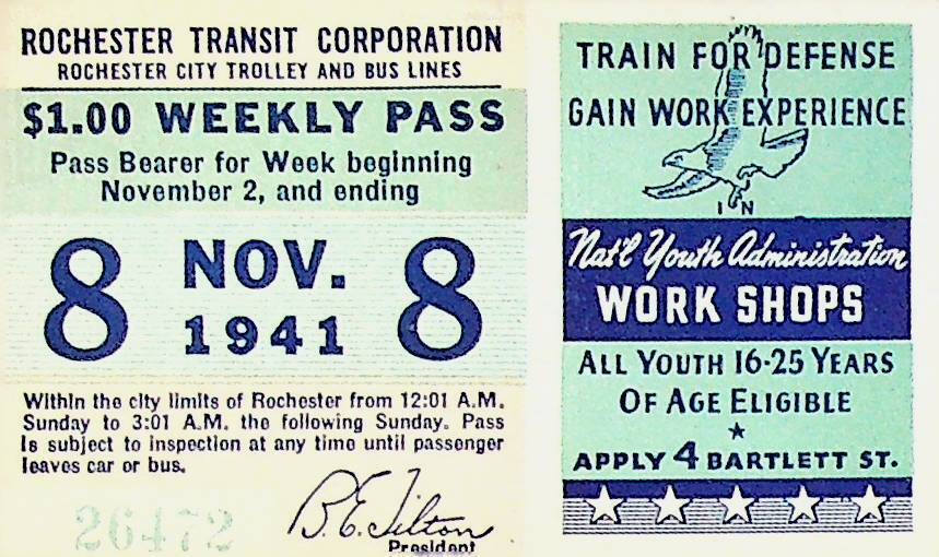 Rochester City Trolley & Bus Lines Pass November 8 1941 National Youth