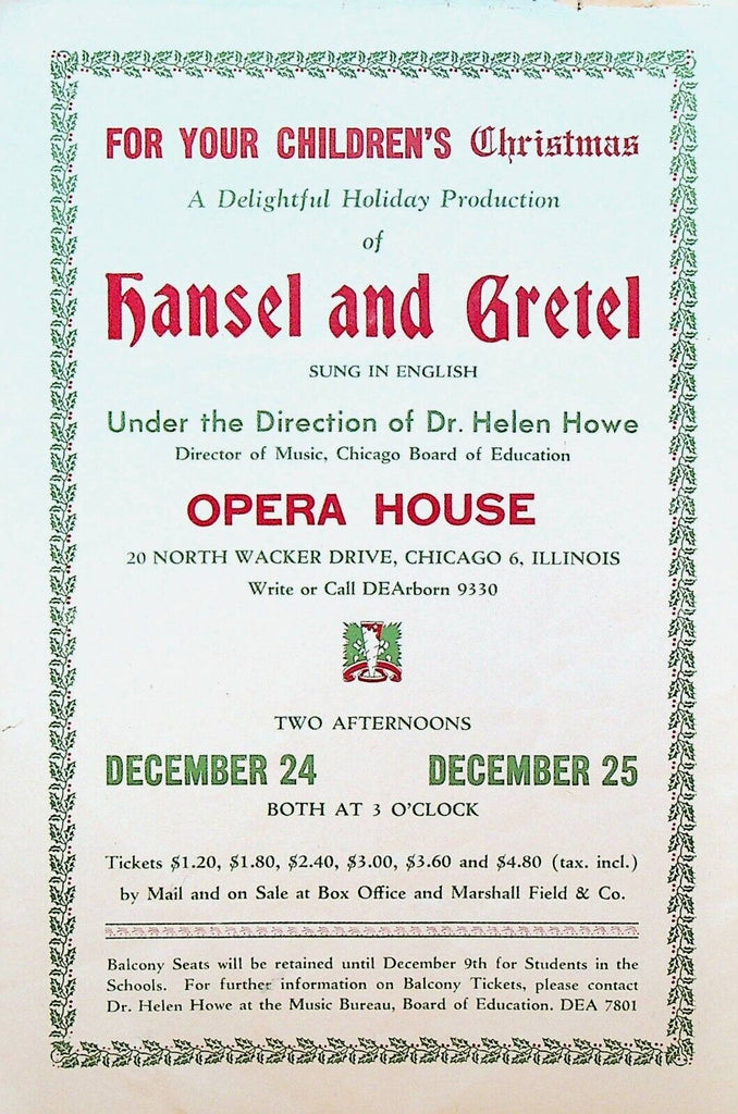 Hansel & Gretel Ad Sheet 1940s  Children's Christmas Show  Chicago