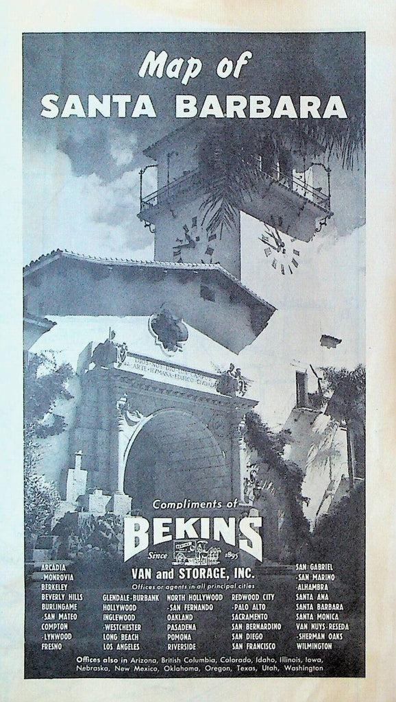 Santa Barbara California Map 1955 Bekins Van & Storage
