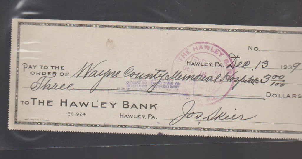 The Hawley Bank Pennsylvania Used Check 1939 Wayne Co Memorial Hospital