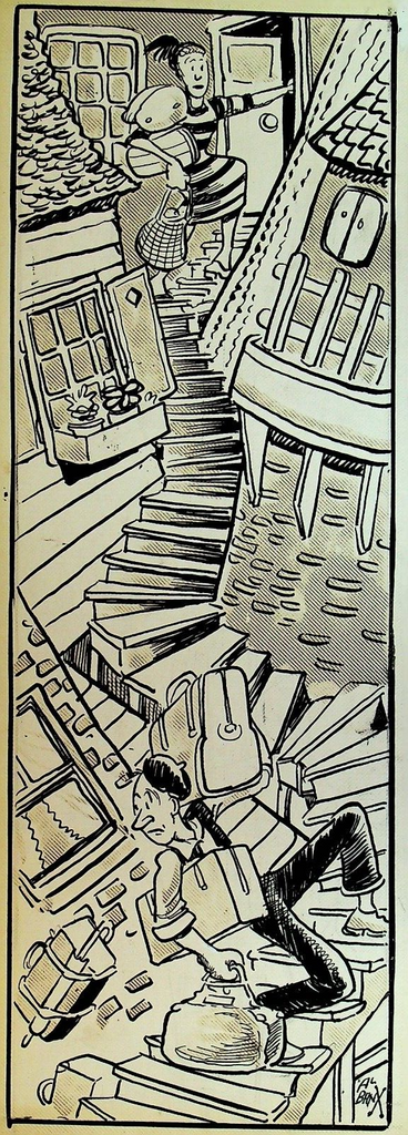 Al Banx J Albert Banks Original Art Pen & Ink Home With Crazy Stairs