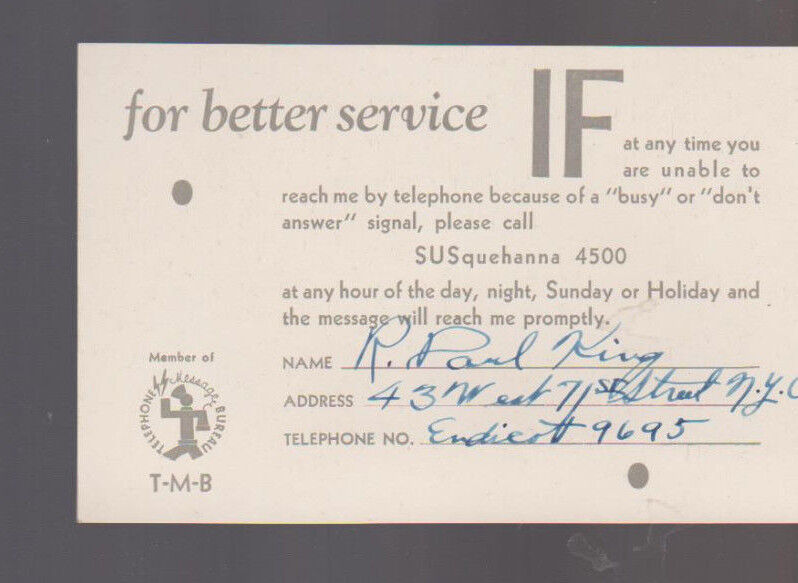 Telephone Message Board 1930 TMB Card R Paul King