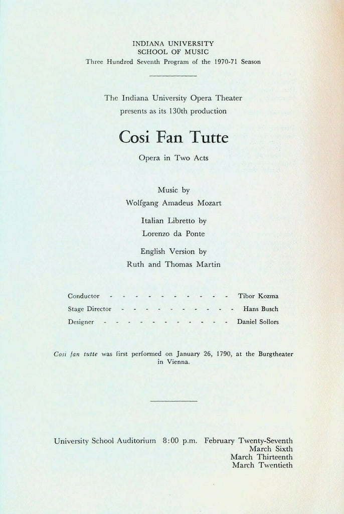Cosi Fan Tutte 1971 Program Indiana University Opera Theater