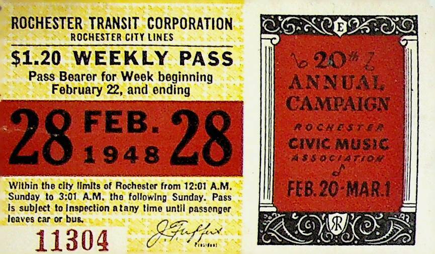 Rochester City Trolley & Bus Lines Pass February 28 1948 Civic Music Association