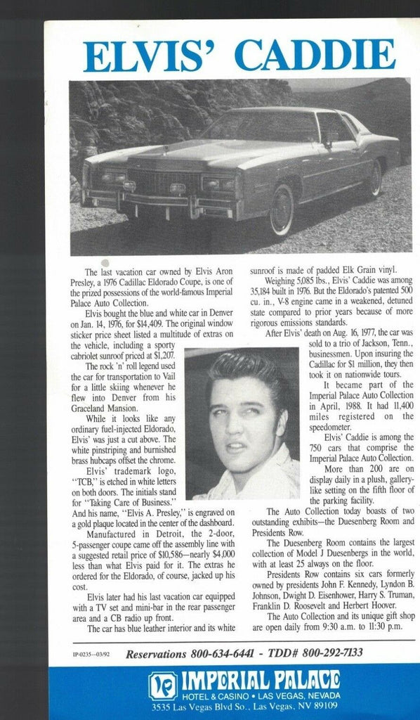 Elvis Presley Cadillac Imperial Palace 1992 brochure- Elvis' Caddie