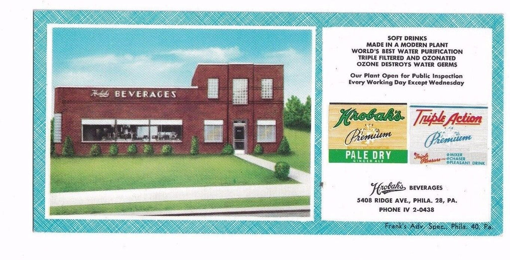 Hrobak's Ginger Ale Unused Blotter Philadelphia Pennsylvania Soda Pop