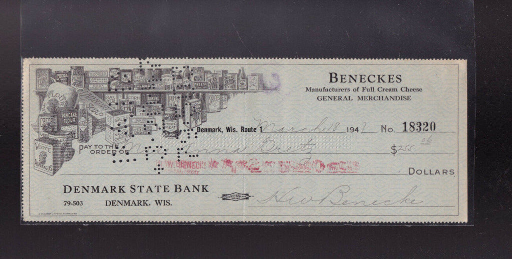 Denmark State Bank Used Bank Check Wisconsin 1942 Beneckes General Merchandise