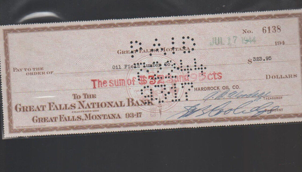 Great Falls National Bank Montana Used Check 1944
