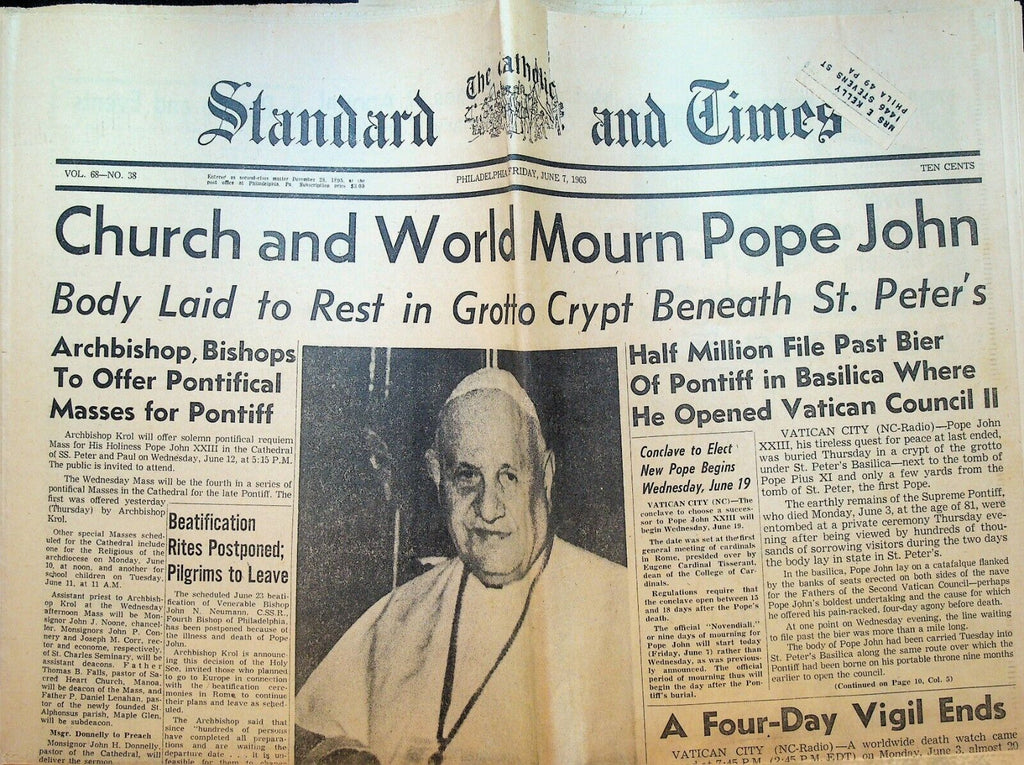 Catholic Standard & Times June 7 1963 Pope John XXIII Death Philadelphia