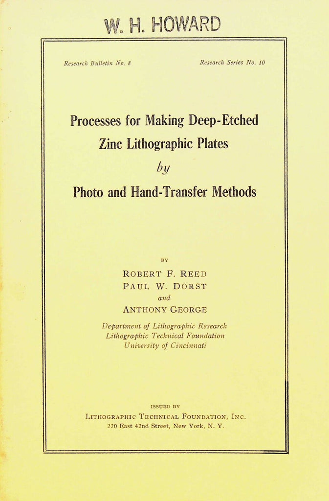 Processes for Making Deep-Etched Zinc Lithographic Plates Photo & Hand Transfer