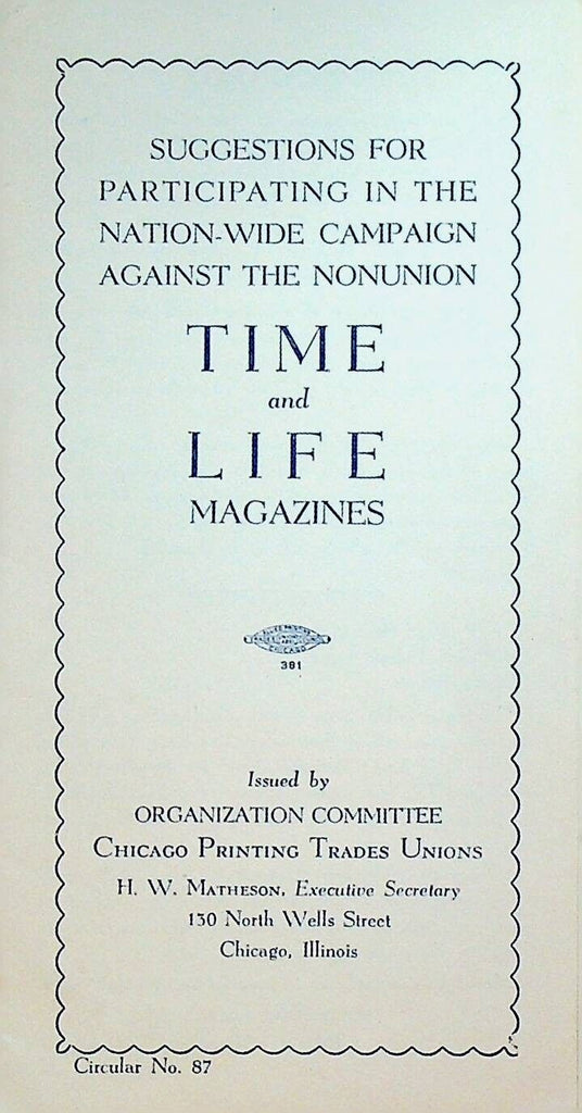 Chicago Printing Trades Unions Circular 1940s Time & Life Magazines RR Donnelley