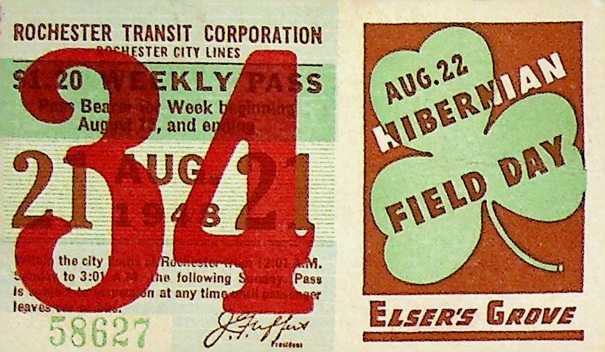 Rochester City Trolley & Bus Lines Pass August 21 1948 Hibernian Field Day