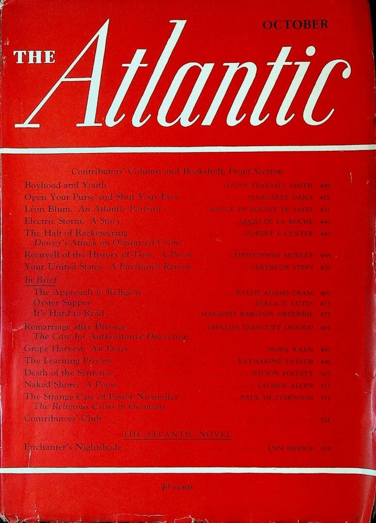 Atlantic Magazine October 1937 Mazo de la Roche Gertrude Stein Leon Blum