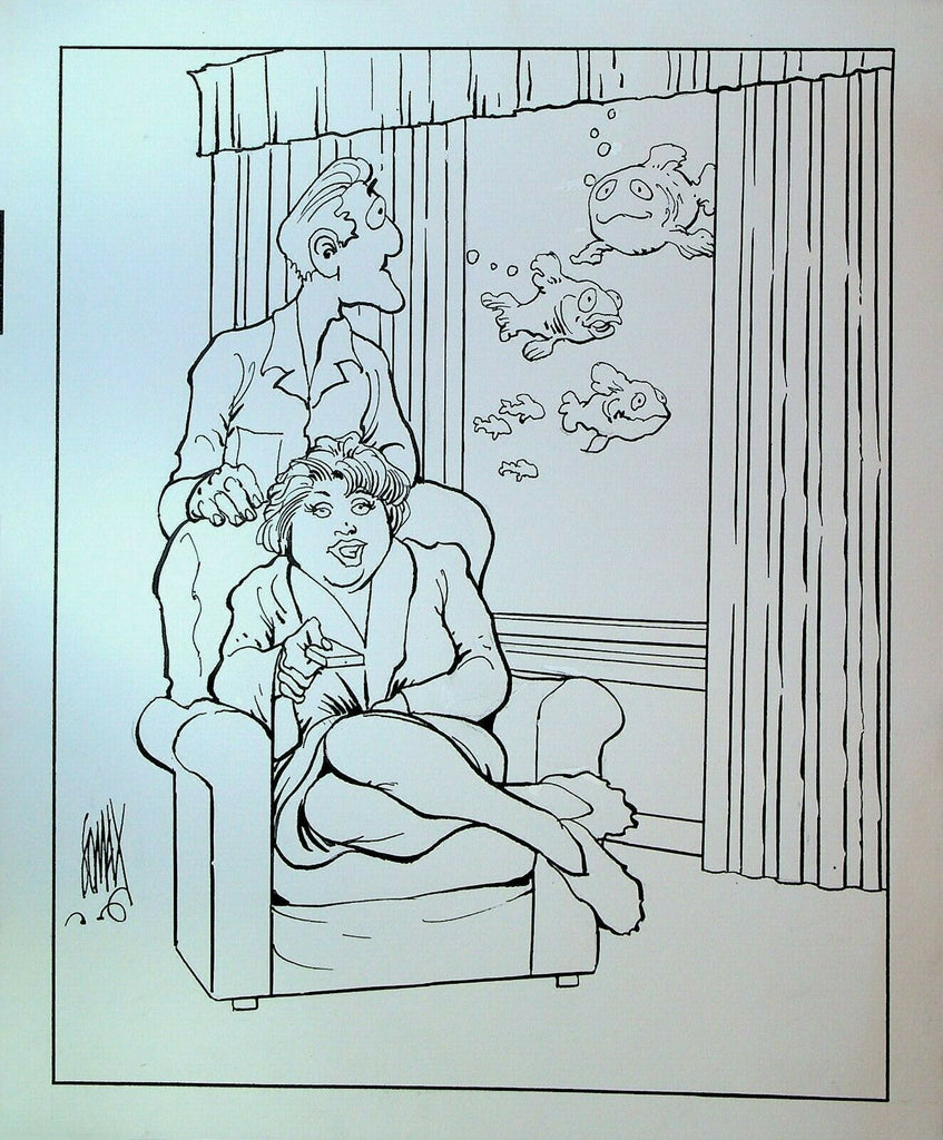 Don Lomax Original Art Gag Hot and Humid Fish Swimming Outside Window