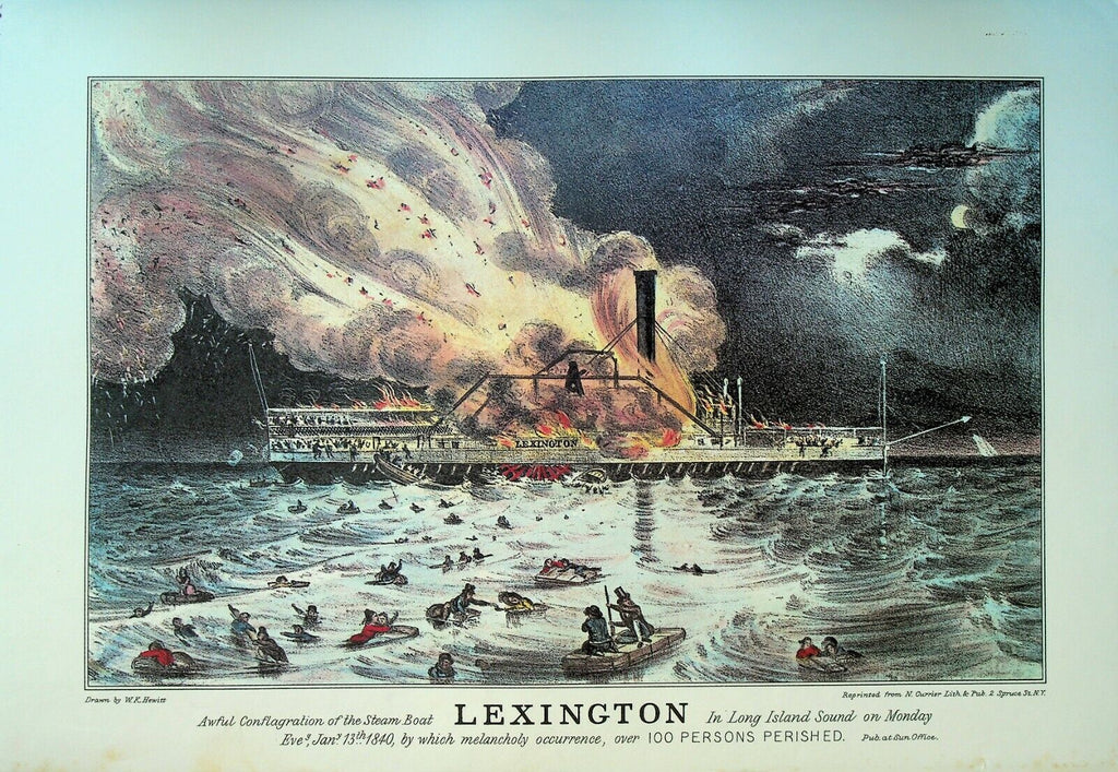 Currier & Ives Calendar Topper 1977 Steam Boat Lexington Fire Long Island Sound