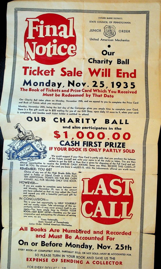 United American Mechanics Wilkes Barre Pa 1935 Ticket Sale Poster Junior Order