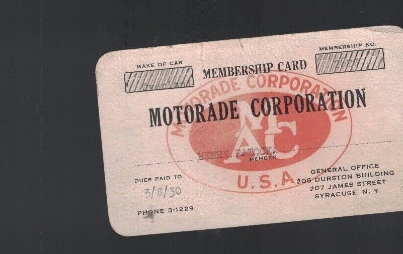 Motorade Corporation 1930 Membership Card Overland Syracuse NY