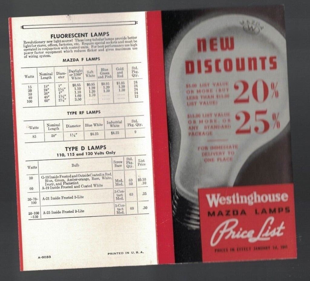 Westinghouse Mazda Lamps Price List 1941 Light Bulbs