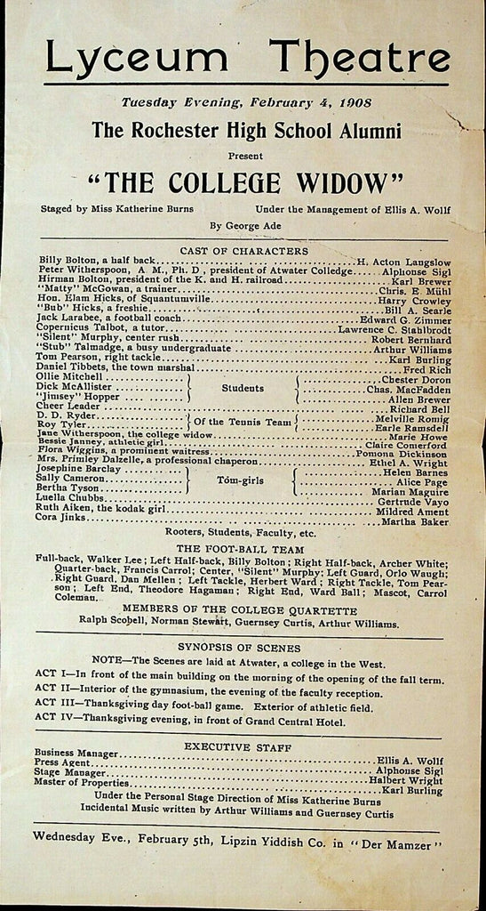 The College Widow Play Sheet February 4 1908 Rochester High School Alumni