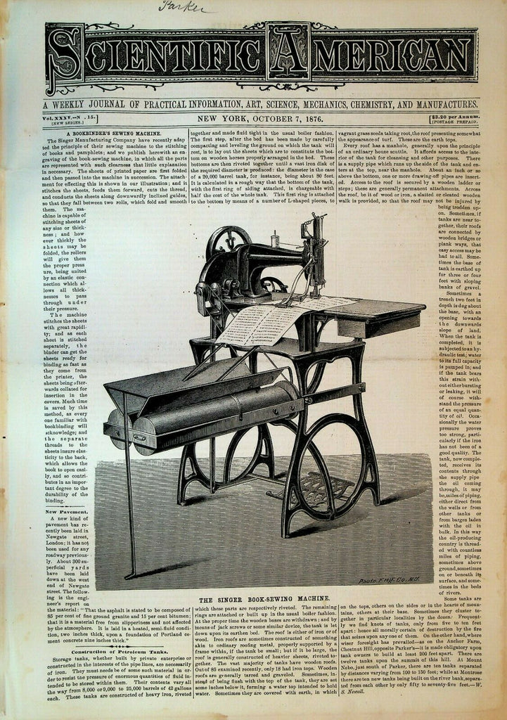 Scientific American October 7 1876 Yellow Fever Singer Book Sewing Machine