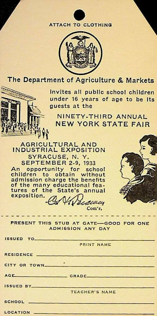 New York State Fair 1933 Public School Free Admission Ticket Unused