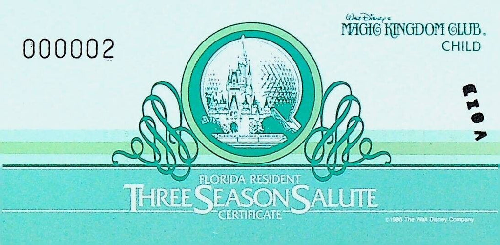 Walt Disney World Three Season Salute Ticket Green Child Florida Resident 1987