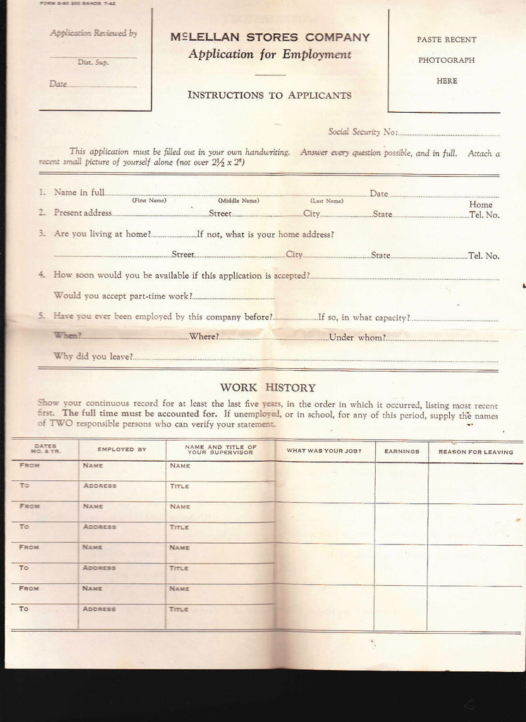 McLellan Stores Company unused Application for Employment 1942 Five & Dime