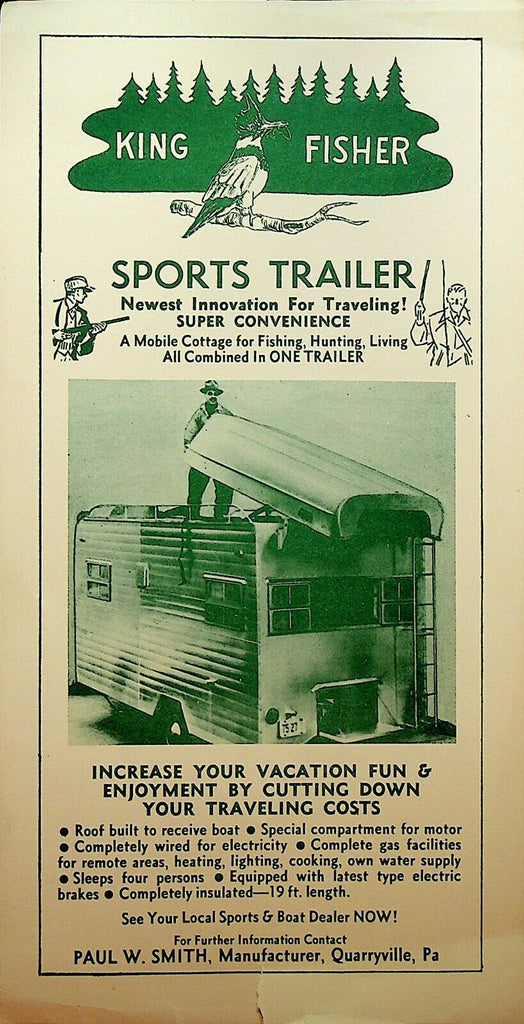 King Fisher Sports Trailer Brochure 1960s Paul W Smith Mfg Quarryville Pa
