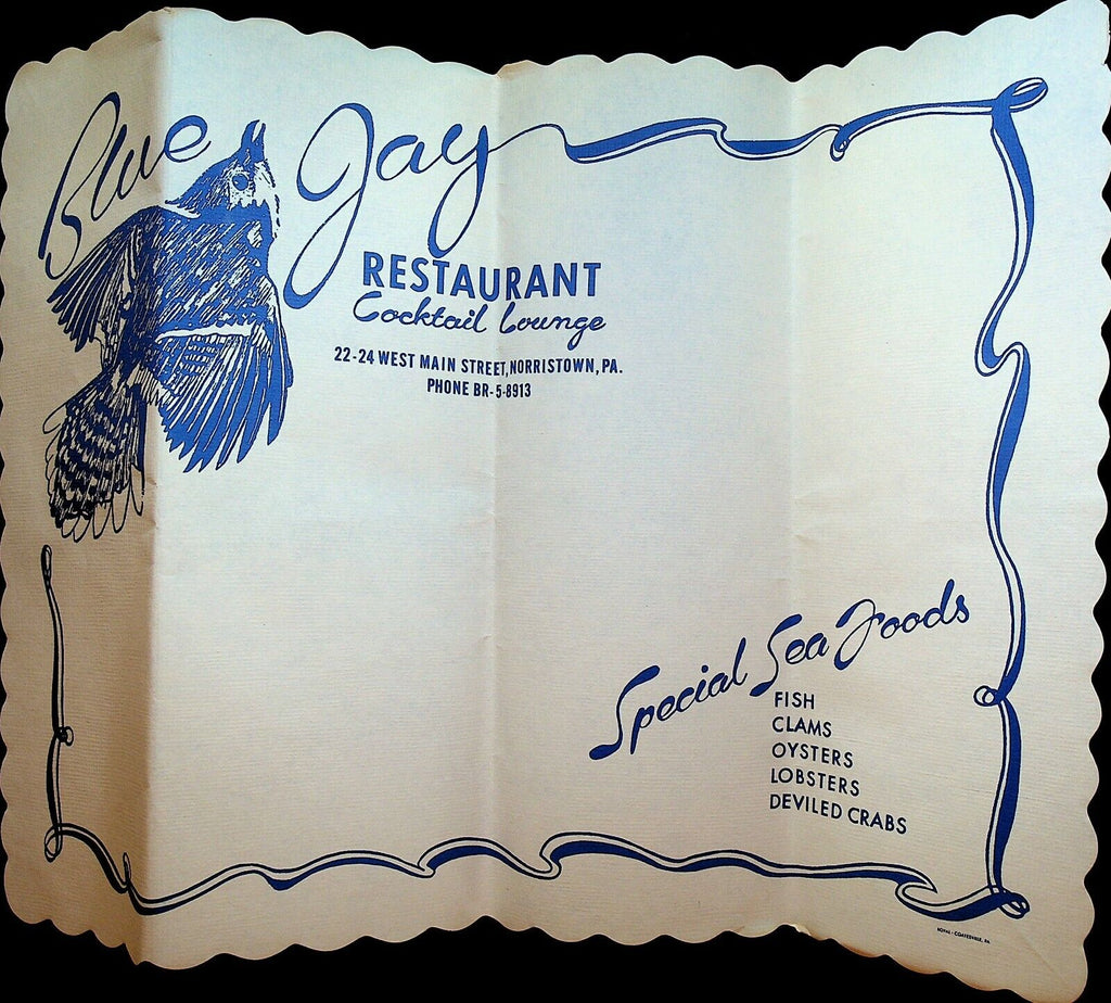 Blue Jay Restaurant & Cocktail Lounge Paper Placemat Norristown Pa 1960s
