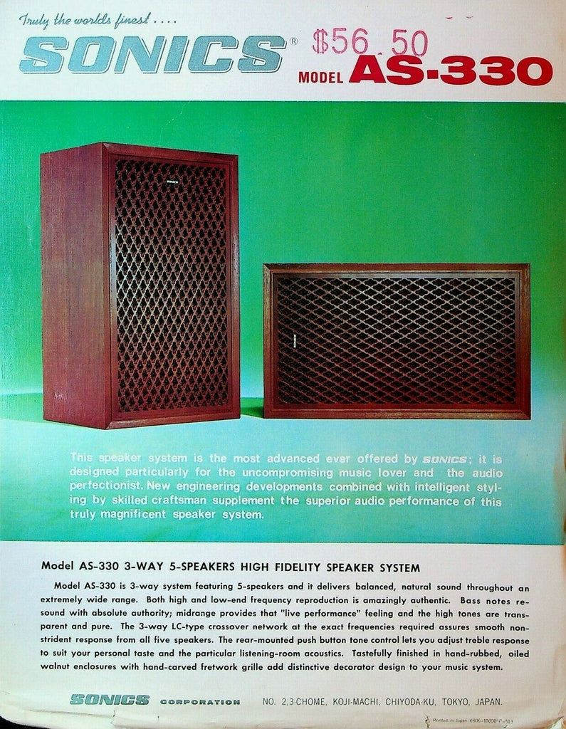 Sonics Model AS-330 Speaker System Ad Sheet 1970s