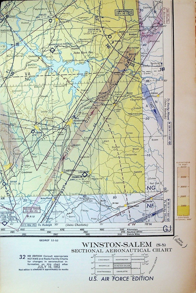 Winston Salem North Carolina Sectional Aeronautical Chart S-8 1953 32nd Edition