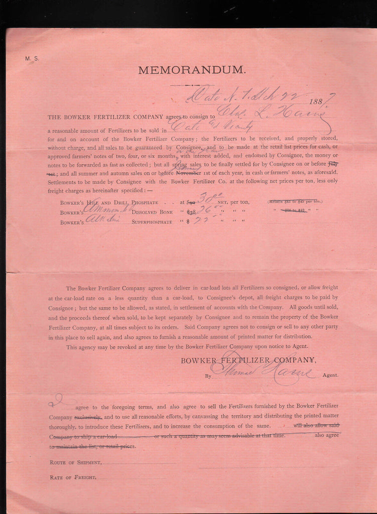 Bowker Fertilizer Co 1887 Memorandum & Order Letter