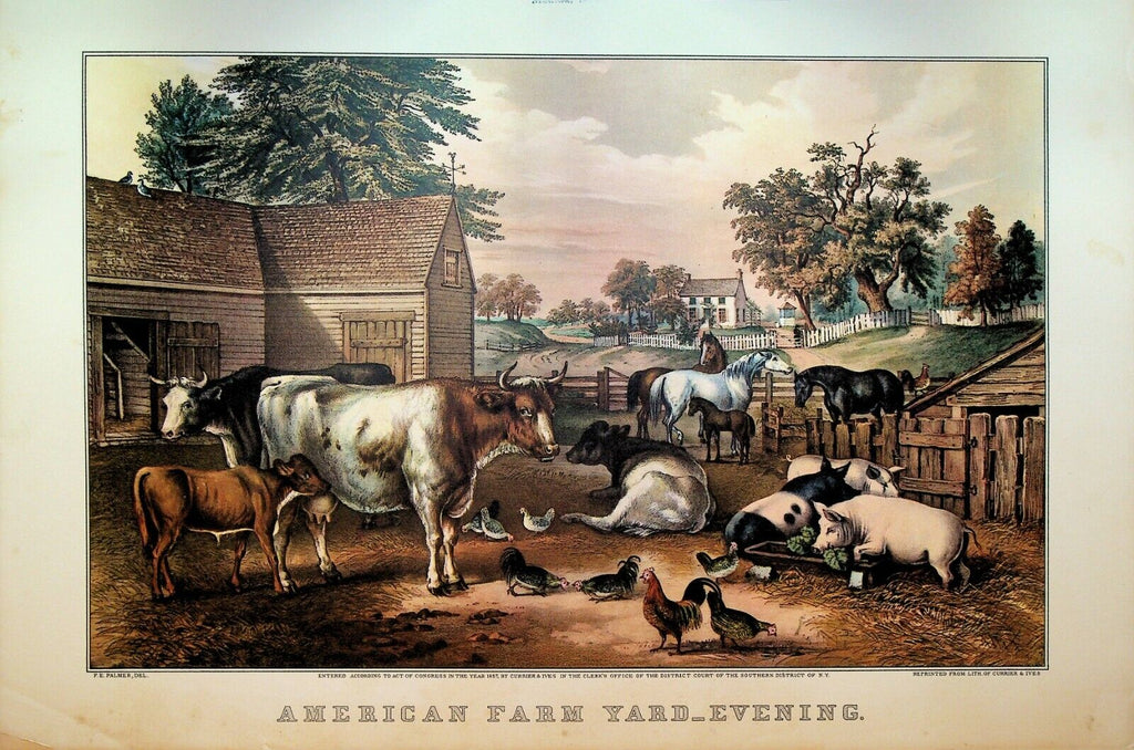 Currier & Ives Calendar Topper 1951 American Farm Yard Evening Cows Chickens