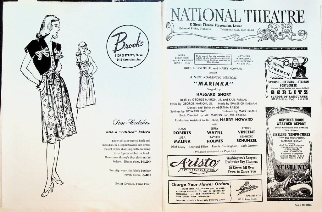 Marinka Playbill National Theatre June 11 1945 Pre-Broadway Tryout Joan Roberts