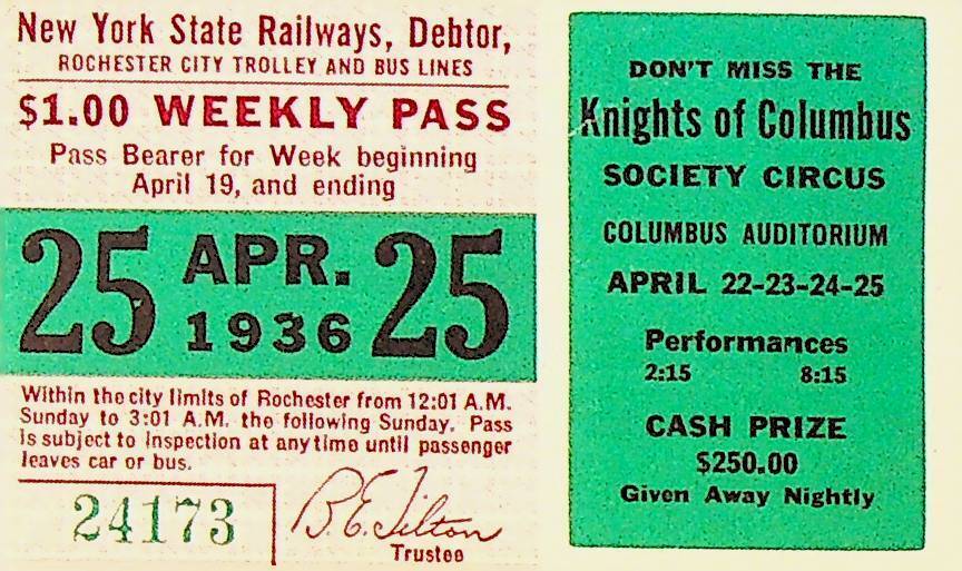 Rochester City Trolley & Bus Lines Pass April 25 1936 Knights of Columbus Circus