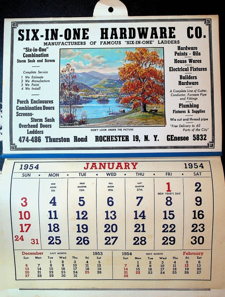 Six-in-One Hardware Company Rochester NY Calendar 1954