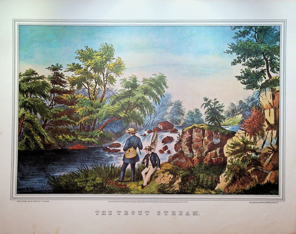 Currier & Ives Print Catching a Trout The Trout Stream
