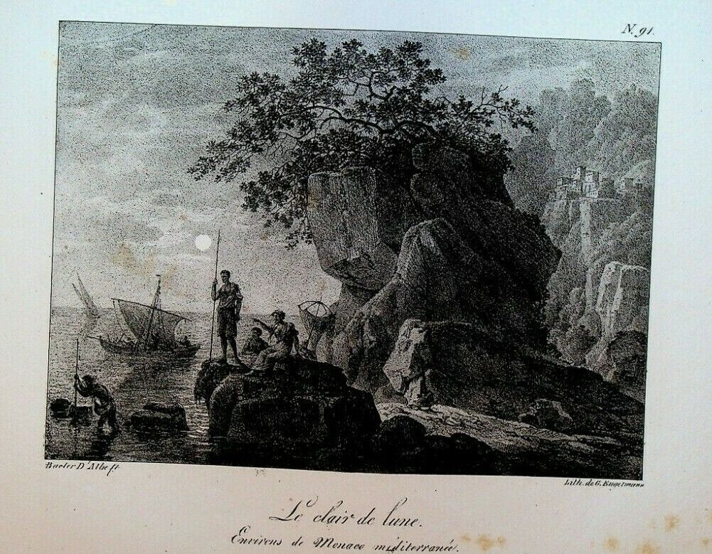 Godefroy Engelmann Lithograph 1820s The Moonlight Near Monaco Ship #91