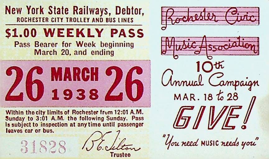 Rochester City Trolley & Bus Lines Pass March 26 1938 Civic Music Association