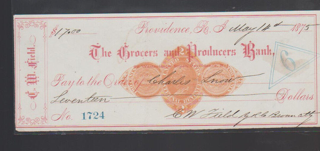Grocers & Producers Bank Providence Rhode Island Used Check 1875 Red