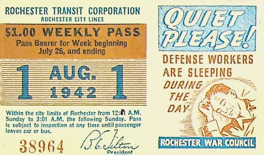 Rochester City Trolley & Bus Lines Pass August 1 1942 Defense Workers
