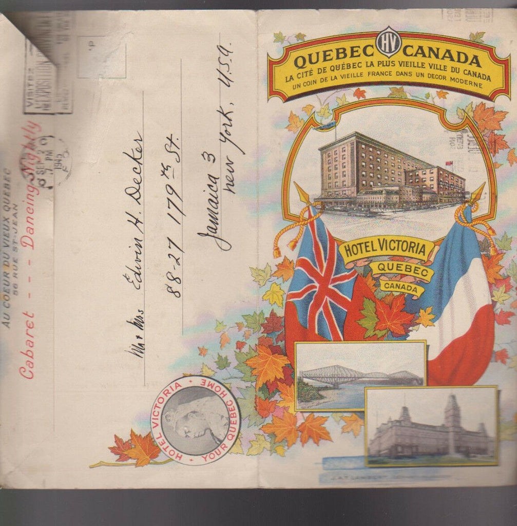 Hotel Victoria Quebec Canada Wine Menu & Envelope 1945