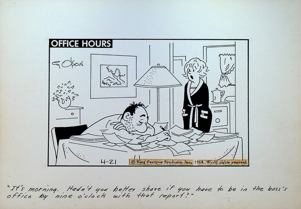 Office Hours by Cy Olson Original Comic Strip Art April 21 1964 All Nighter