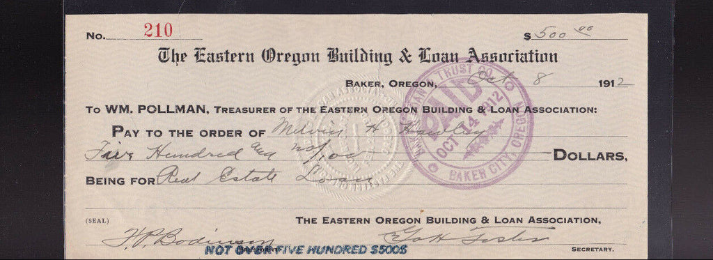 Eastern Oregon Building & Loan Association Used Bank Check 1912